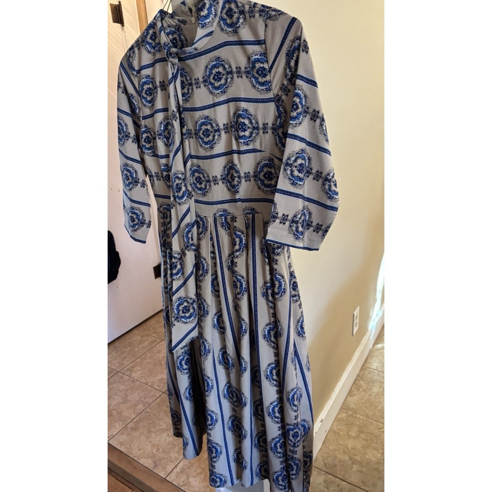 Dainty Jewells Modest Midi Dress Med Beige & Blue Cottage Core Retro Mad Men